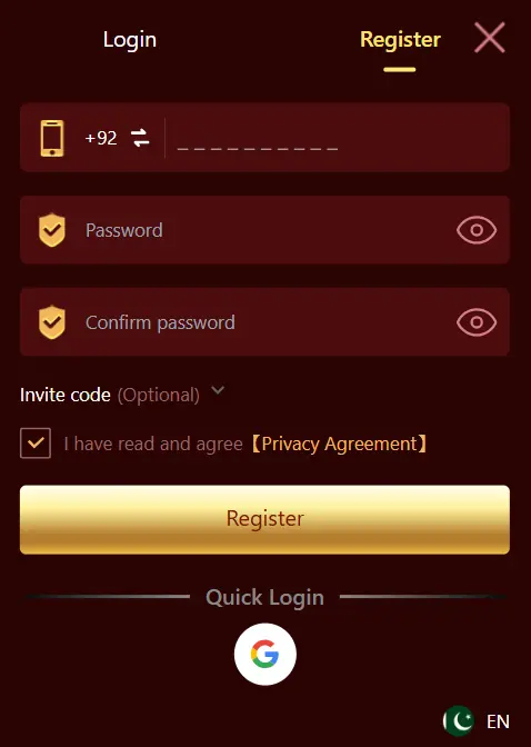 ek77 game sig up screenshot