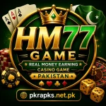 HM77 Game casino logo featuring gold and green 3D text, poker cards, casino chips, roulette wheel, dice, and Pakistan flag elements on a dark green background with the website name pkrapks.net.pk displayed at the bottom.